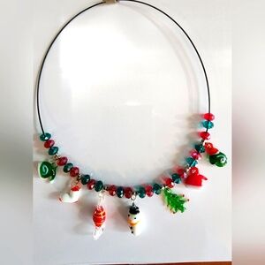Artisan Christmas Holiday Blown Glass Beaded Snowman Choker Necklace